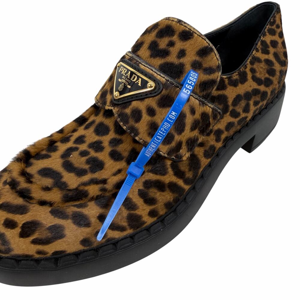 Prada Enamel Triangel Logo Leopard Printed Leather Loafer Brown Size 38.5 - Picture 16 of 16